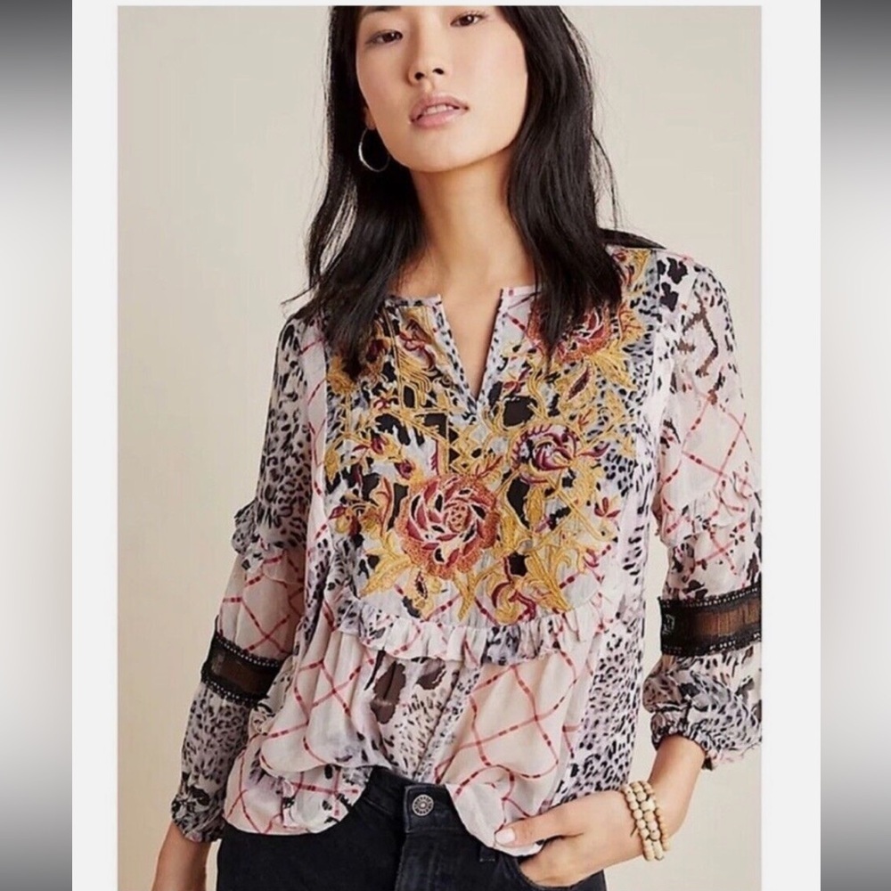 Anthropologie Mathilda Balloon Sleeve Mixed Print Blouse Size XSmall Floral Boho - Picture 2 of 11